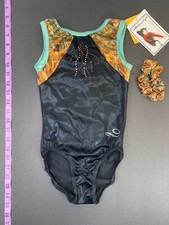 dreamlight Girls leotard, Sz 8-10, Black Mystique With Copper Feather Effects