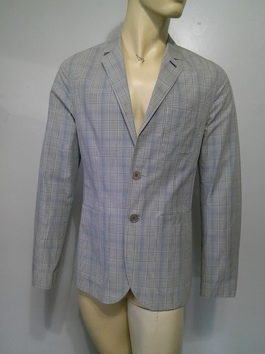 Cole Haan 100% Cotton Lightweight Gray Blue Plaid Blazer Jacket Sport Coat 40