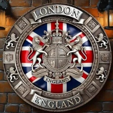Metal Sign Wreath Center LONDON,ENGLAND British Flag Coat of Arms 8 x 8