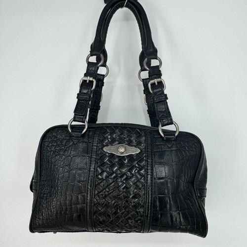 Elliott Lucca Satchel Purse Black Leather Croc Embossed Woven Bag Y2K Western