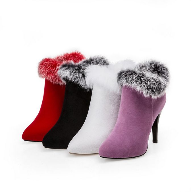 Womens Ankle Boots Korean Faux Fur Stilettos High Heels Pointed Toe shoes Warm Womens Ankle Boots Korean Faux Fur Stilettos High Heels Pointed Toe shoes Warm