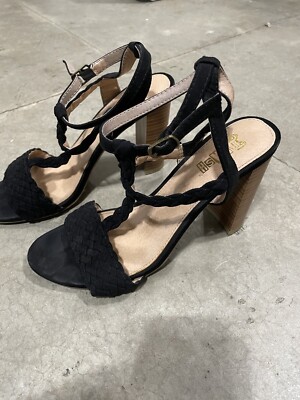 Brash Black Faux Suede Open Toe Ankle Strap Heels Shoes Women's