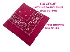 12 PACK Bandana-Hot Pink Paisley Print 22"x22" Square 100 Cotton Free Shipping