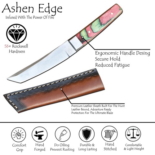 Ashen Edge Forged 440C Steel Tanto Knife Hard Wood Outdoor Gift Steel Bolster