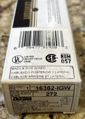 Leviton 16362-IGW 20-Amp, 125-Volt, Decora Plus Duplex Receptacle, HOSPITAL GRD