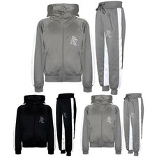 Kids Girls Boys Contrast Panel Fleece Hooded Top Bottom Tracksuit