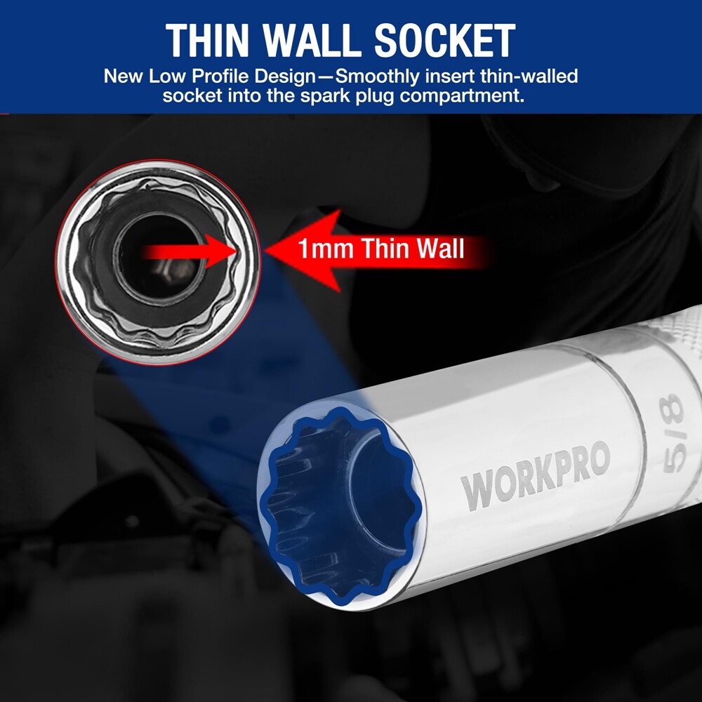 WORKPRO 7-Piece 3/8" Drive Magnetic Swivel Spark Plug Socket Set | Thin Wall, 6PT & 12PT | 360° Flex