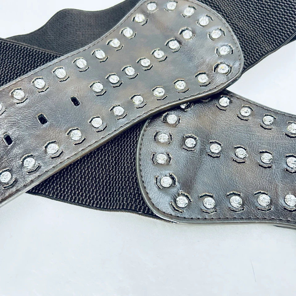 Cinturón elástico ancho Y2K marrón estrás detalles hebilla plisada S/M Bling Foto 2 de 4