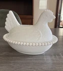 Vtg Indiana White Milk Glass Hen On Nest 7” Stippled Slotted Bead Edge Dish Bowl