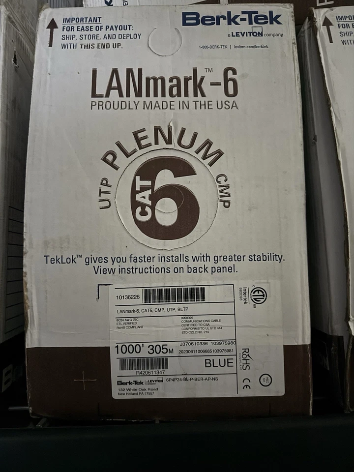 Berk-Tek Lanmark -6 - AZUL CAT6 PLENUM/CMP cableado de datos con clasificación de fuego - 1000 ft Foto 2 de 2