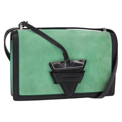 LOEWE Barcelona Shoulder Bag Suede Leather Green Silver Auth 153905