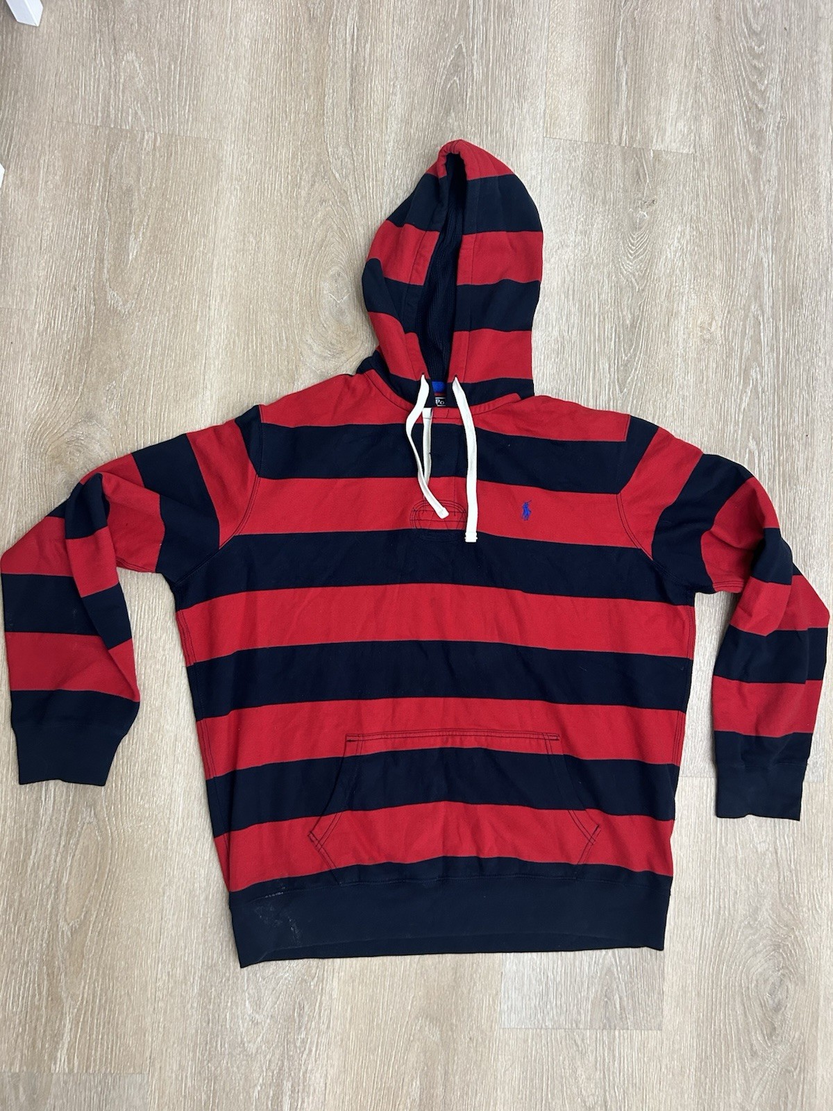 Vintage Polo Ralph Lauren Rugby Hoodie Sweatshirt Mens XXL Red Blue Striped