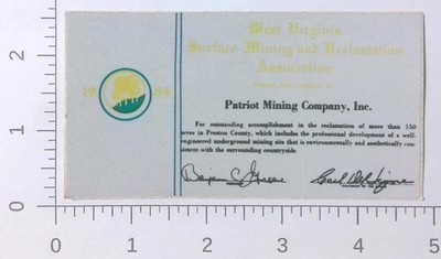 Vintage 1984 Patriot Mining Company Inc WVMRA Award Coal Mining Sticker Decal