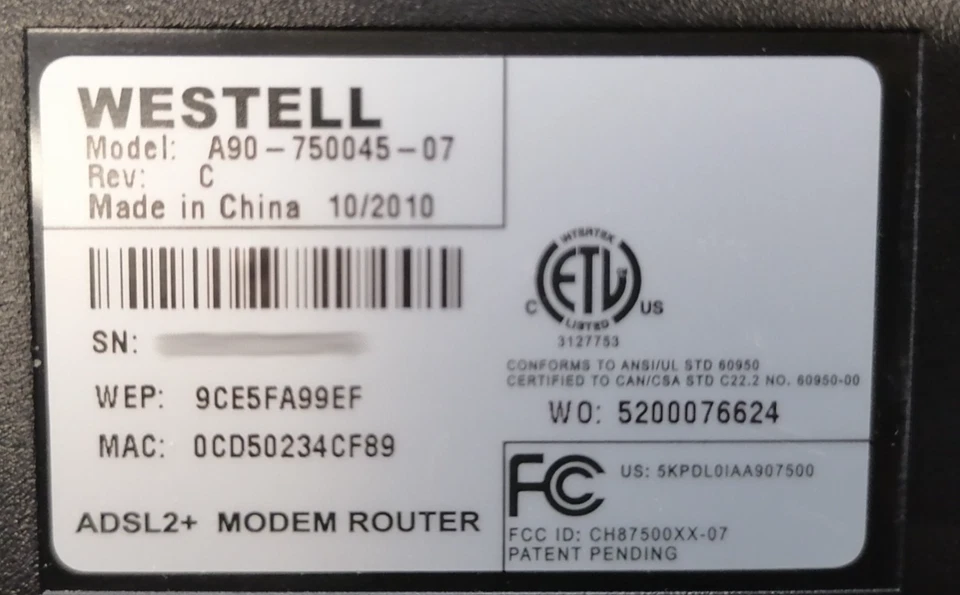 Frontier Westell ADSL2+ Modem Router A90-750045-07 - Image 3 of 3