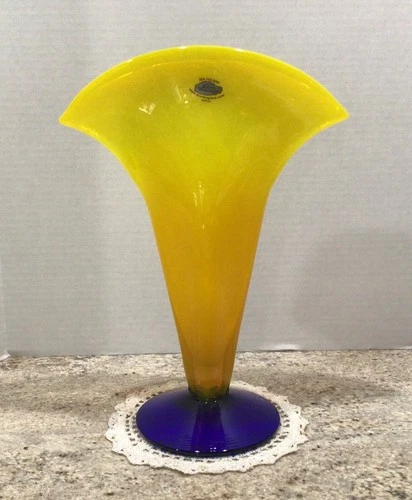 Blenko Glass Vase Fan Shape Signed Labeled Richard Blenko 2000 Yellow Blue 12" T