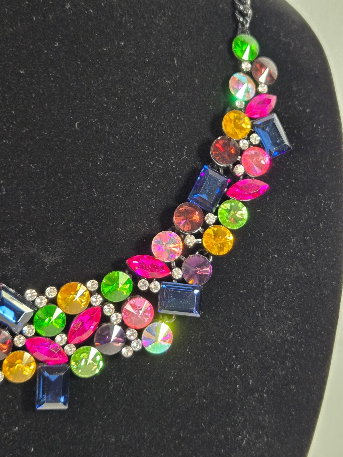 Multicolor Rhinestone Statement Bib Necklace Gunm… - image 7