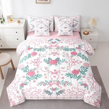 Girls Pink Floral 7 Piece Comforter Set Full,Pink Bow Bedding Set Southwest B...
