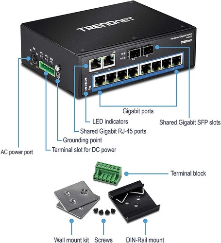 TRENDnet 10-Port Hardened Industrial Gigabit DIN-Rail Switch, DIN-rail and wall - Picture 8 of 10
