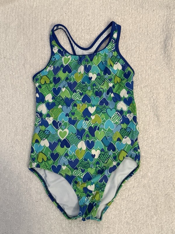 EUC Speedo Girl Swim Suit Size 12 Blue and Green One Piece Racerback Heart