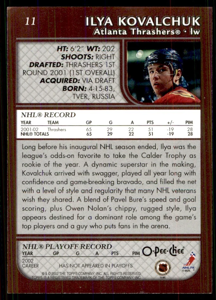 2002-03 O-Pee-Chee Ilya Kovalchuk Atlanta Thrashers #11 - Image 2 of 2