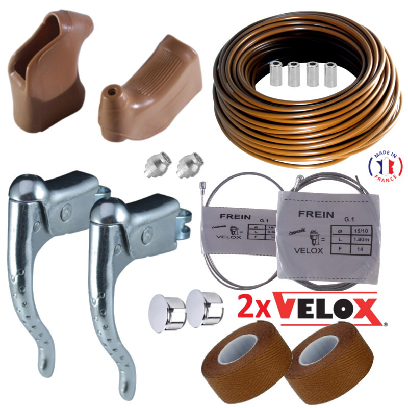 Kit levier de frein en aluminium repose cocotte marron et guidoline finition cuir