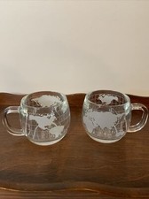 (2) Vintage 1970's Nestle Nescafe Clear Glass Globe World Cup Mug Coffee Tea