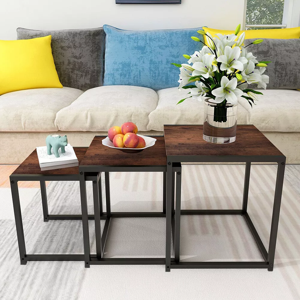 Metal Frame Nesting Coffee Tables Set of 2 3 End Tables Stacking Home Office NEW