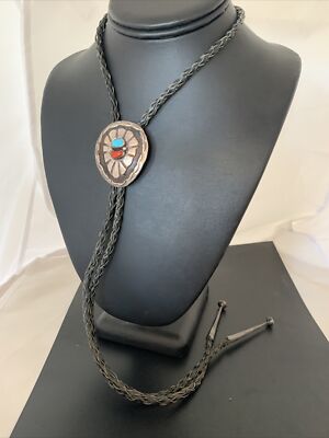 Native Old Pawn Bolo Tie Mens Sterling Silver Navajo Turquoise Coral 01999