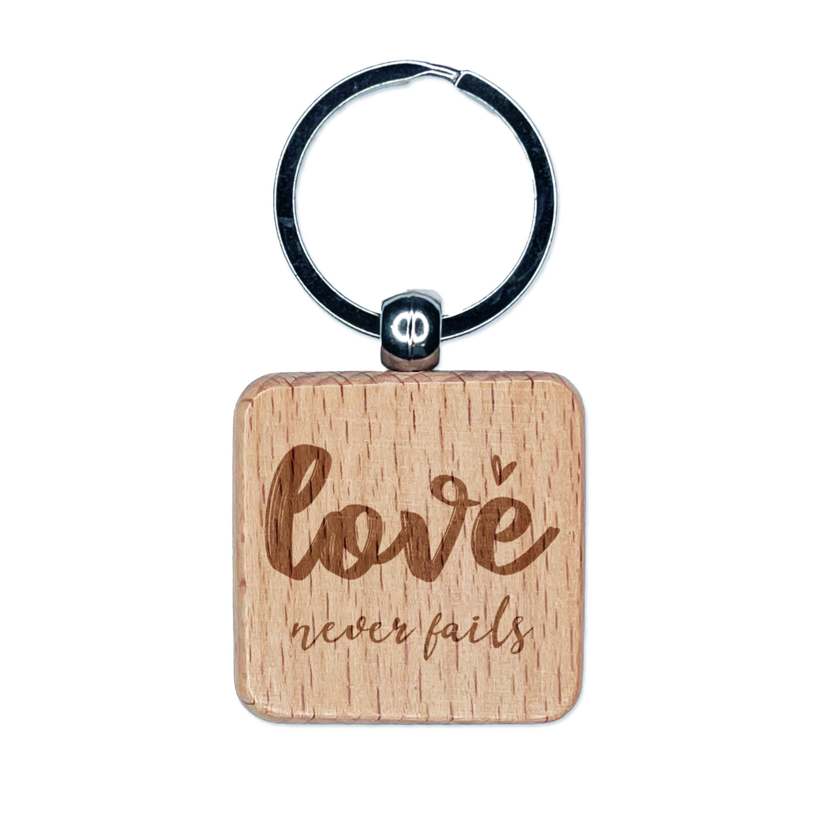 Love Never Fails Inspirational Bible Verse Engraved Wood Square Keychain
