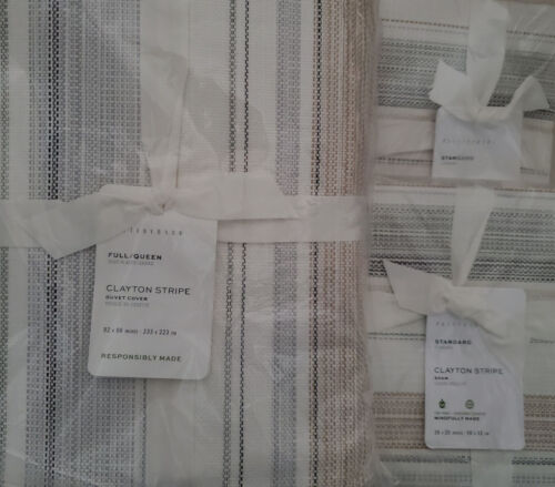 POTTERY BARN Clayton Stripe FULL/QUEEN Duvet & 2 STANDARD Shams NEW ~ NEUTRAL