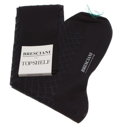 Bresciani NWT Over the Calf Dress Socks Size S in Blue Diamond Print 100% Cotton