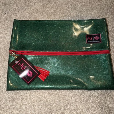 Makeup Junkie Bag Large Green Glitters/ Red Zipper And Tassel 13x10NWT!