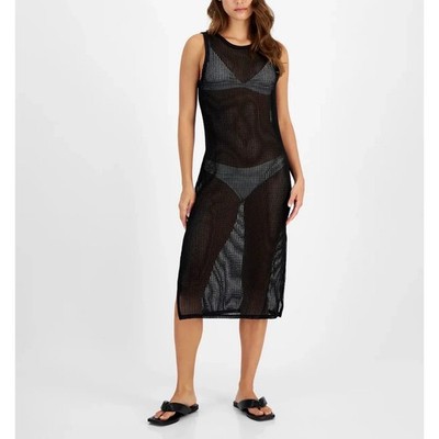 Miken Womens Swim Dress Cover Up Size Medium Black Fishnet Mesh Beach Midi NEW 