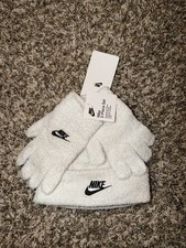 Nike Kids White Fuzzy Beanie  Gloves 2-Piece Set Black Swoosh Logo NWT