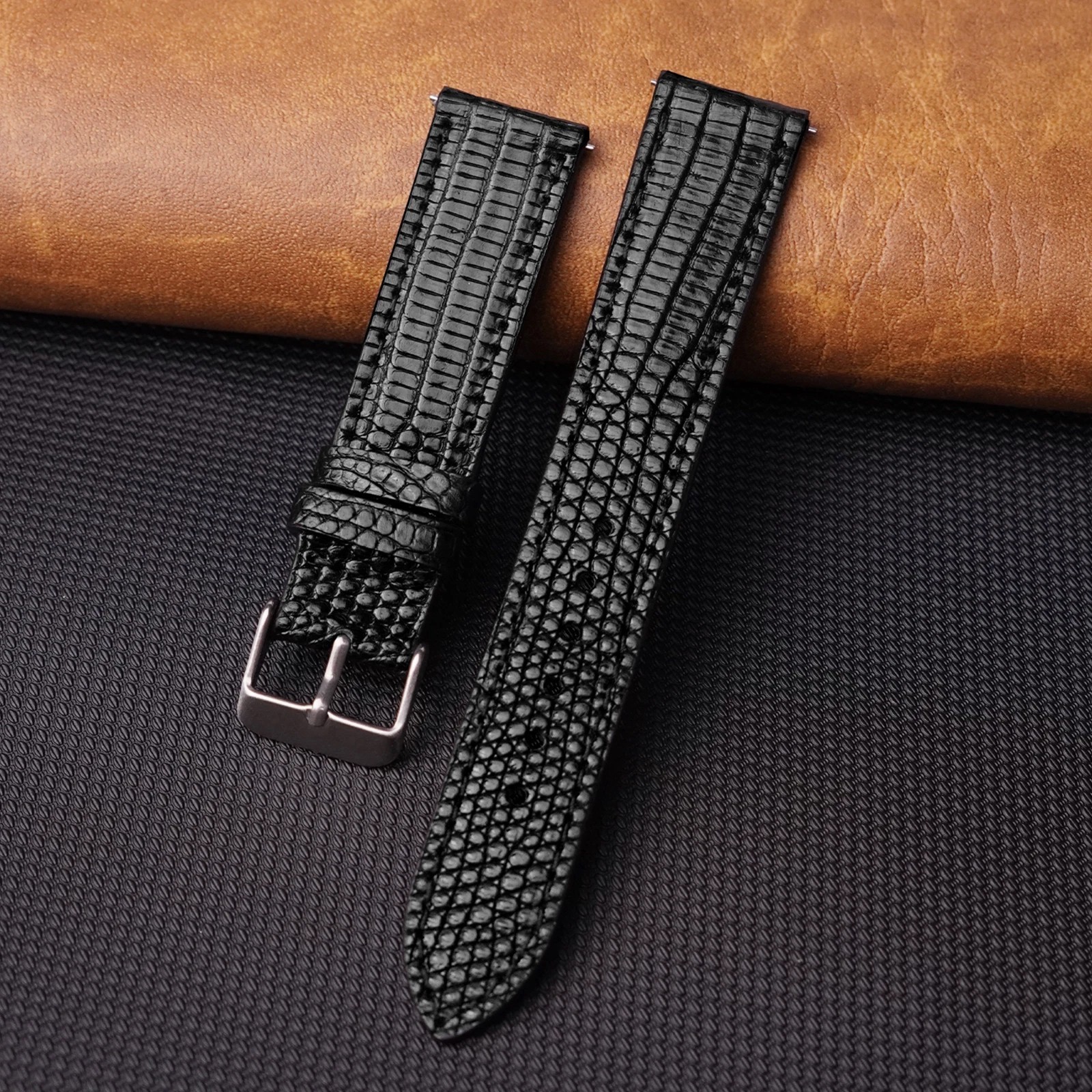 20mm/18mm Black Flat Lizard Leather Watch Band Real Lizard Watch Strap Men