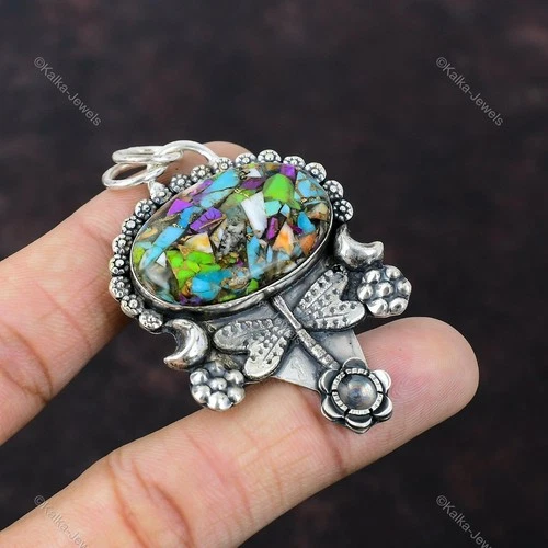 Fiesta Kingman Turquoise Dragonfly Pendant 925 Sterling Silver Gemstone Jewelry