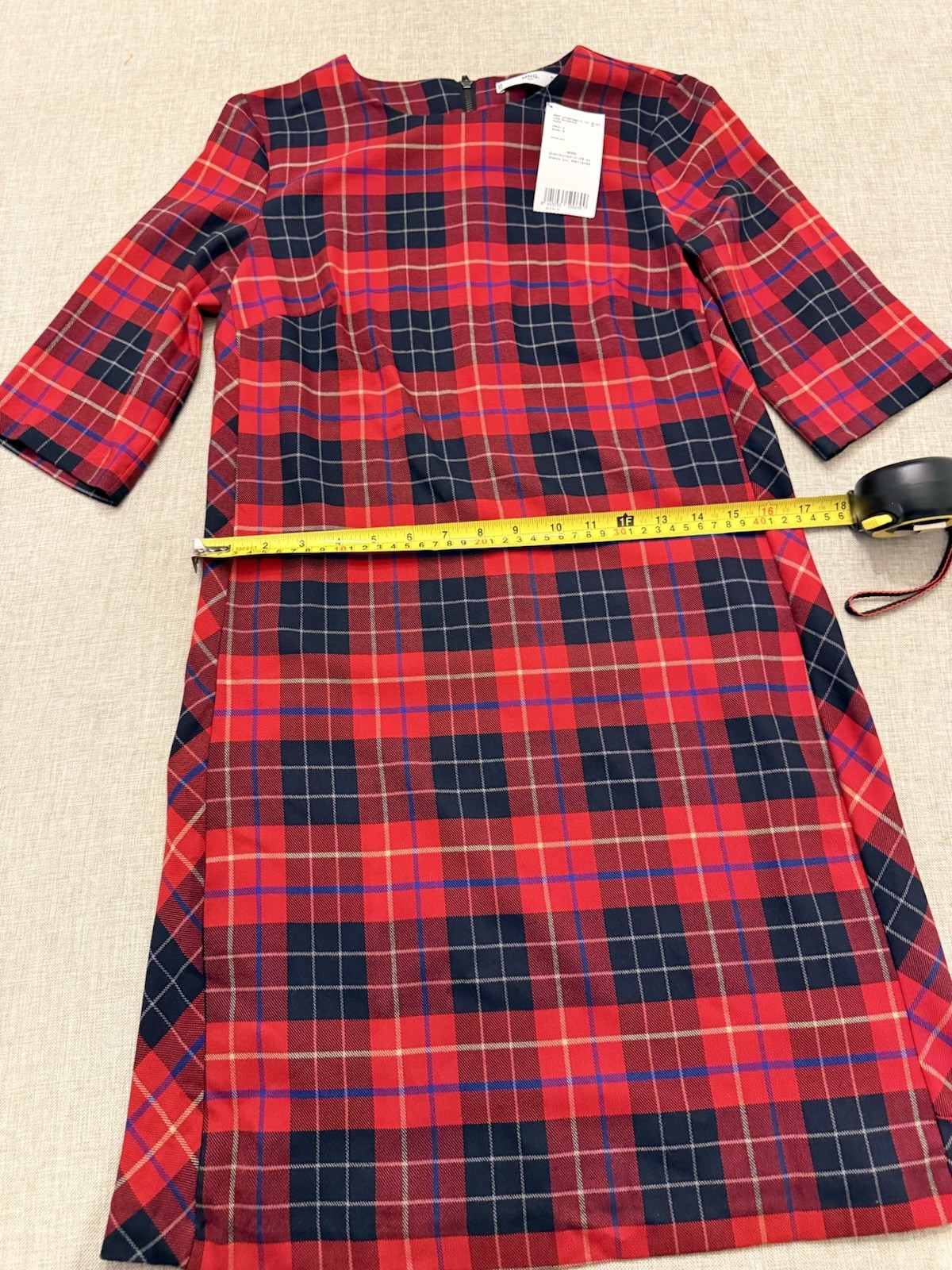 MNG Mango Dress Shift Plaid Black Red Academia Scoop Back 3/4 Sleeve Size 4 thumbnail 5