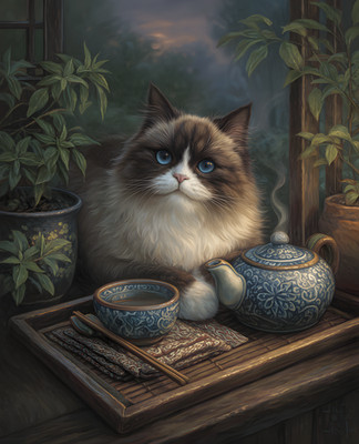 8x10 Cat On Table With Tea Pot Art Print Wall Decor - 664971565