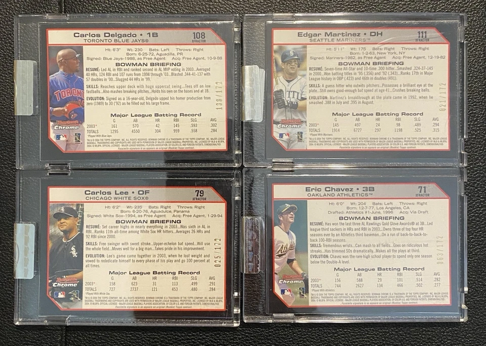 10 CARD 2004 BOWMAN CHROME BASEBALL ENCASED XFRACTOR LOT #’d to 172 Delgado Kent - Image 4 of 4