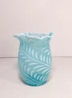 Fenton Blue Opalescent Fern Ruffled Vase 6" Tall Vintage
