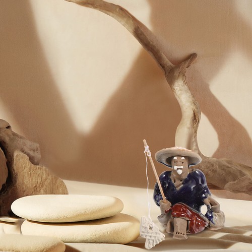 3 Pcs Ceramic Character Ornaments Man Fisherman Statues Miniature Model