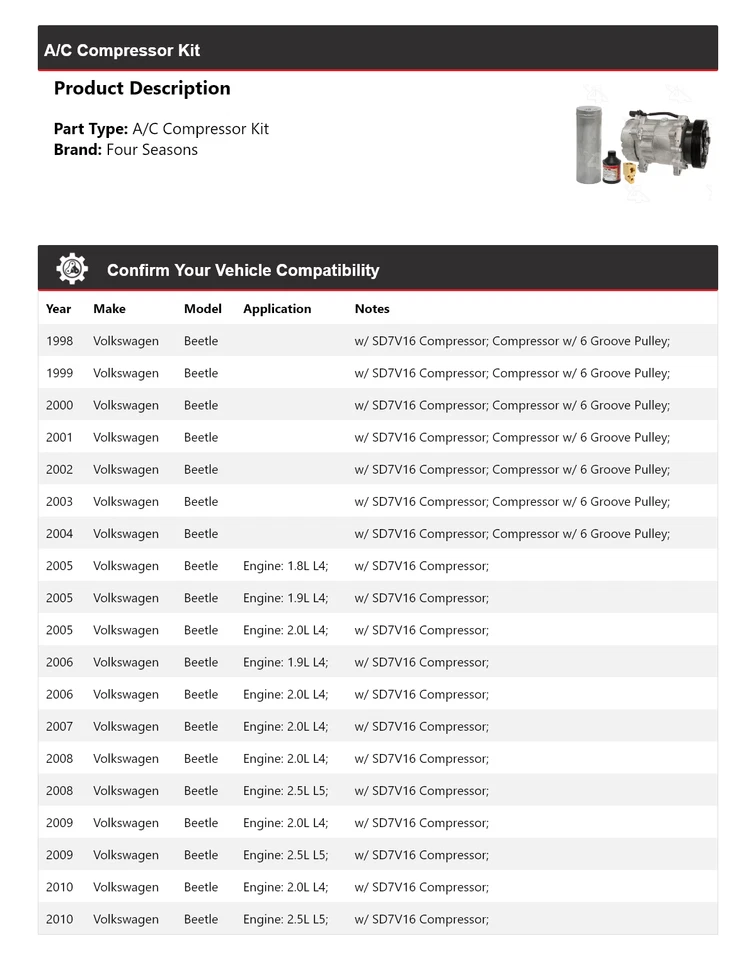 Kit compresor aire acondicionado Volkswagen Beetle 1998-2010 4 estaciones 1999 2000 2001 2002 Foto 2 de 4