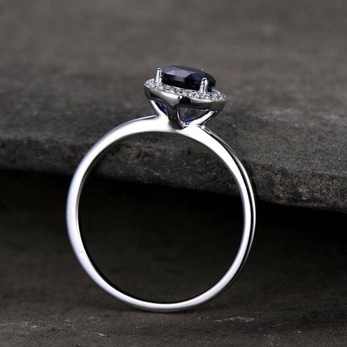 1ct Pear Cut Blue Sapphire Halo Solitaire Engagement Ring White Gold Finish - Picture 6 of 9