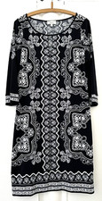 LINEA.  BLACK PRINT STRETCH JERSEY DRESS. 3/4 SLEEVES.  SIZE 12