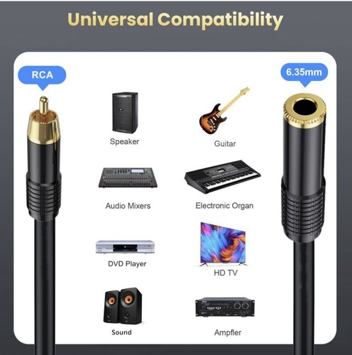 1/4 inch 6.35mm Mono TS to RCA Audio Converter Cable | Female to Male | 0.5m - Picture 5 of 5