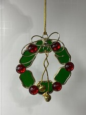 Vintage Holly Berry Stained Glass Wreath Sun-catcher Ornament