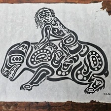 Charles B. Greul Serigraph On Rice Paper " Shaman with Grizzly " 36" x 24"