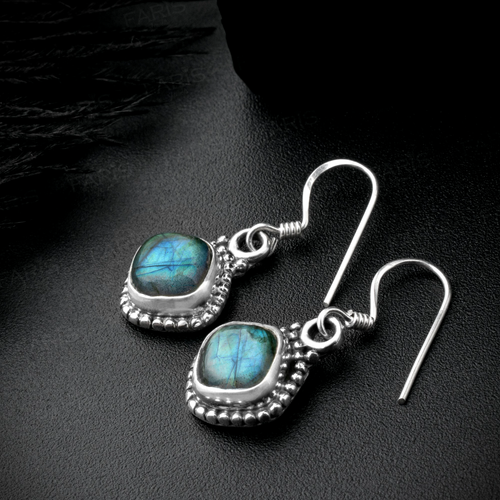925 Sterling Silber Labradorit Edelstein Kissenschliff Tropfen Ohrhänger Damen Ohrringe - Bild 3 von 5