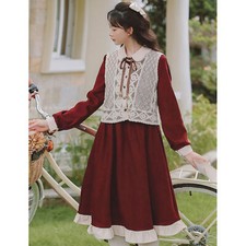 Women Winter Tunic Midi Ruffle Dress Knitted Vest Outfits Lapel Button Tops