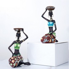 2PCS Statue African Figurine Tribal Lady Candlestick Collectible Art Piece